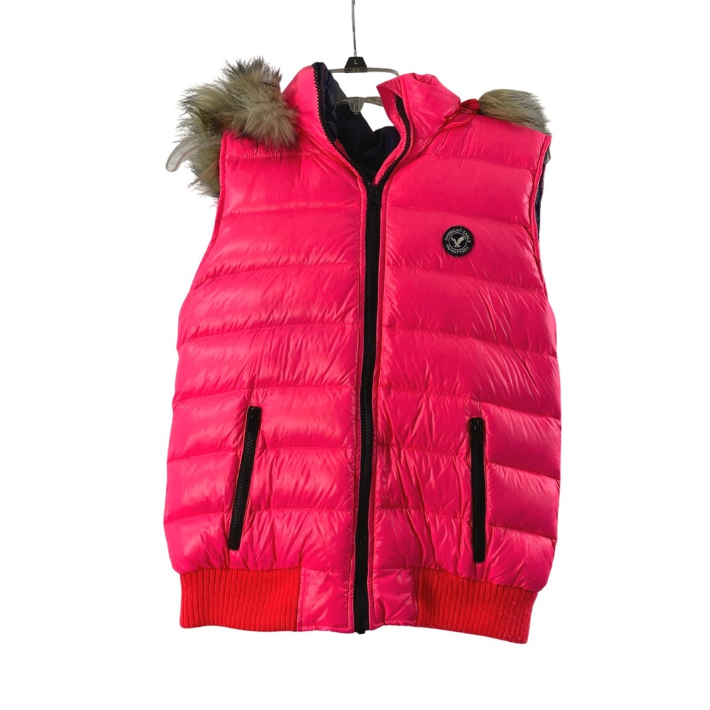 American Eagle Puffer Vest Womens Medium Detachable Hood Fur Trim Neon Pink